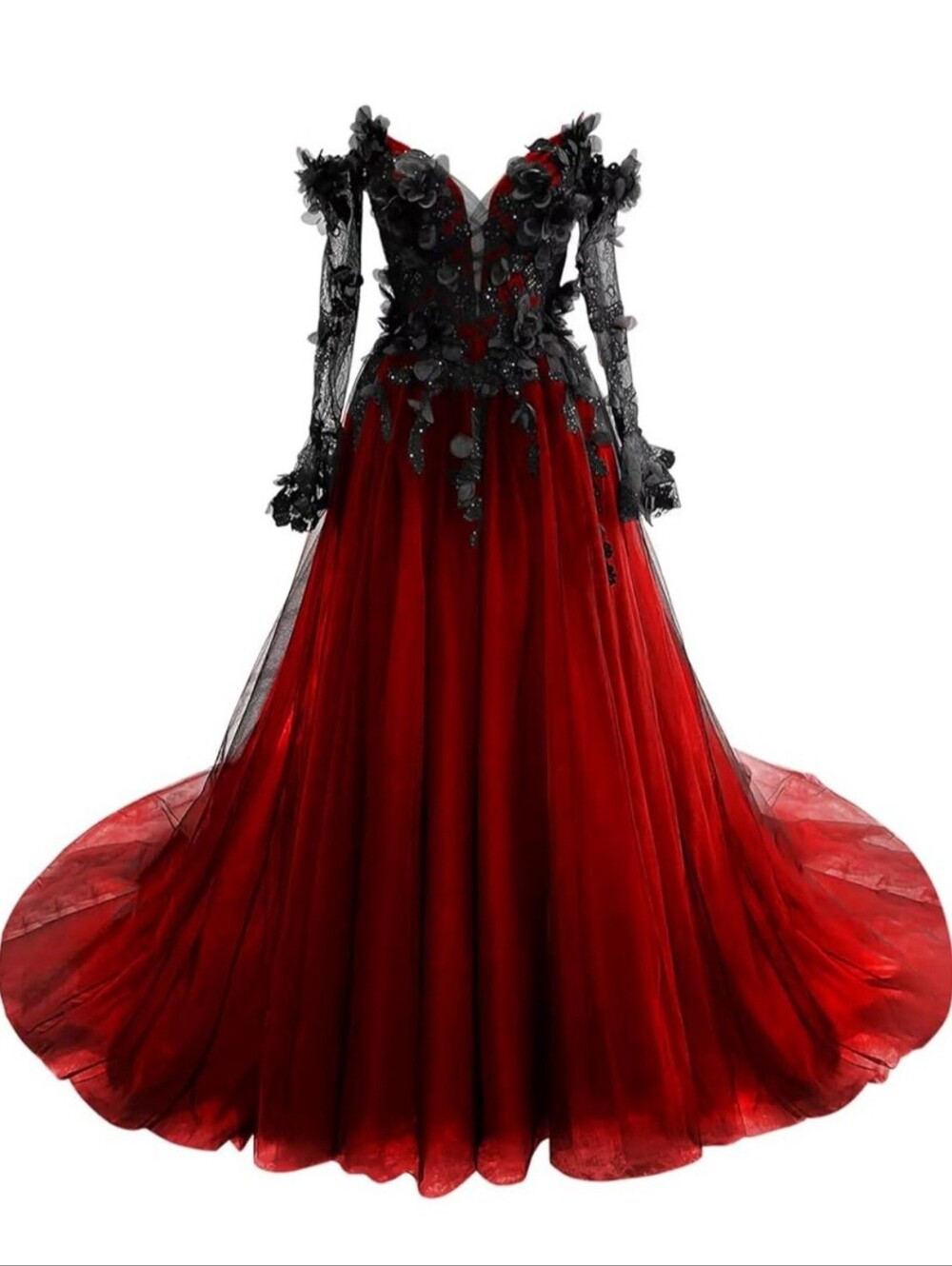Red and Black Lace Appliqué Evening Gown With Detachable Sleeves